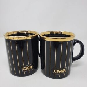 45. Cigna Made In England Gold Trim Striped Coffee Mug Set of 2 Porcelain Cup